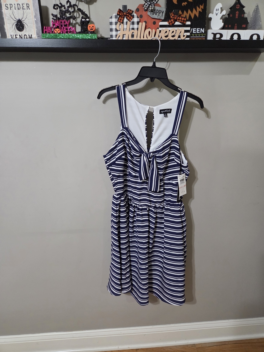 Sequin Hearts Navy & White Striped Tie-Front Casual Dress